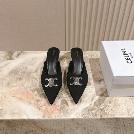 CELINE 25S ALMA TRIOMPHE MULE 45MM IN BLACK DENIM SILVER HARDWARE