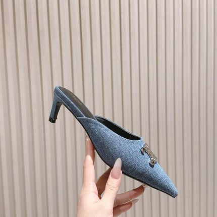 CELINE 25S ALMA TRIOMPHE MULE 45MM IN DENIM SILVER HARDWARE