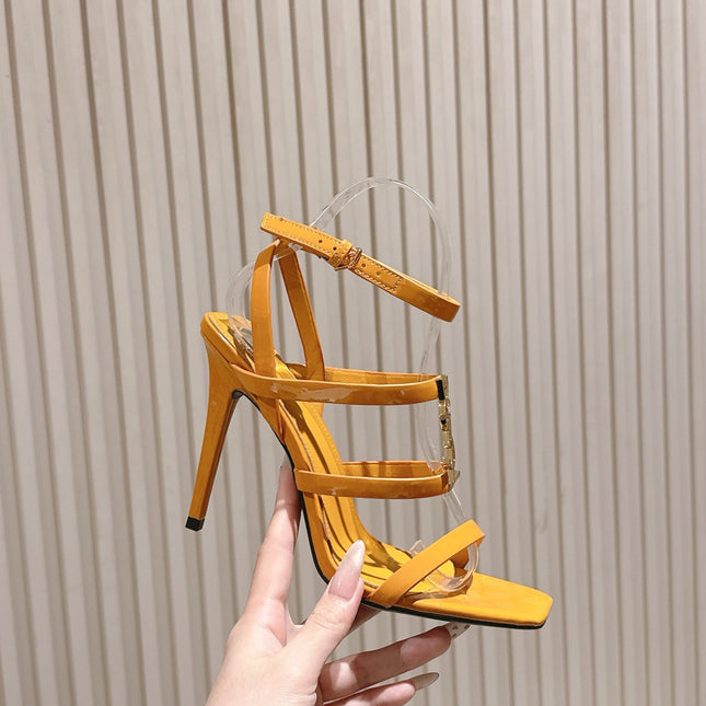 YSL 25S STILETTO HIGH-HEEL SANDALS 100 MM IN DARK ORANGE LAMBSKIN WITH GOLD HARDWARE