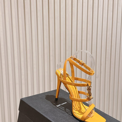 YSL 25S STILETTO HIGH-HEEL SANDALS 100 MM IN DARK ORANGE LAMBSKIN WITH GOLD HARDWARE