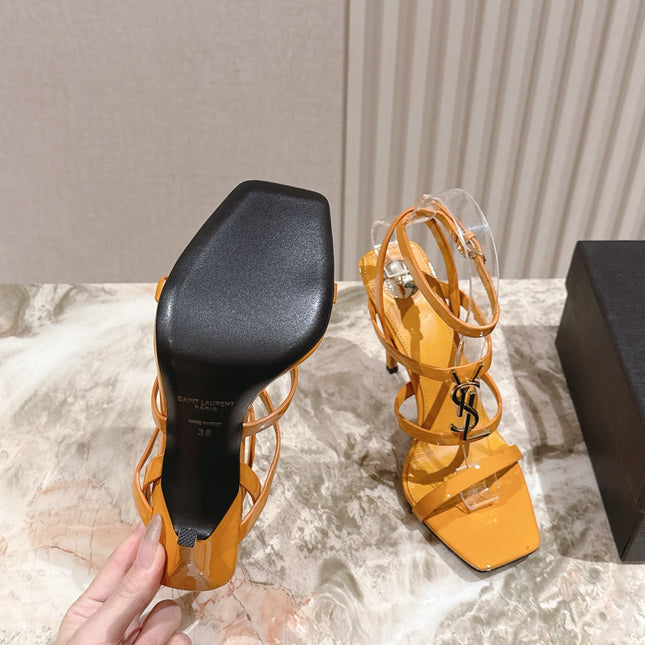YSL 25S STILETTO HIGH-HEEL SANDALS 100 MM IN DARK ORANGE LAMBSKIN WITH GOLD HARDWARE