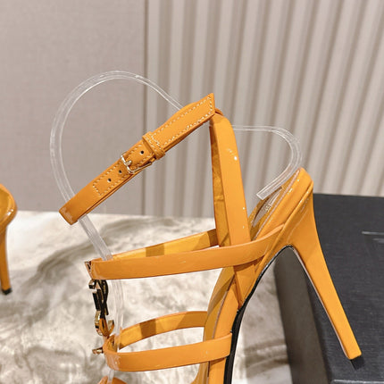 YSL 25S STILETTO HIGH-HEEL SANDALS 100 MM IN DARK ORANGE LAMBSKIN WITH GOLD HARDWARE