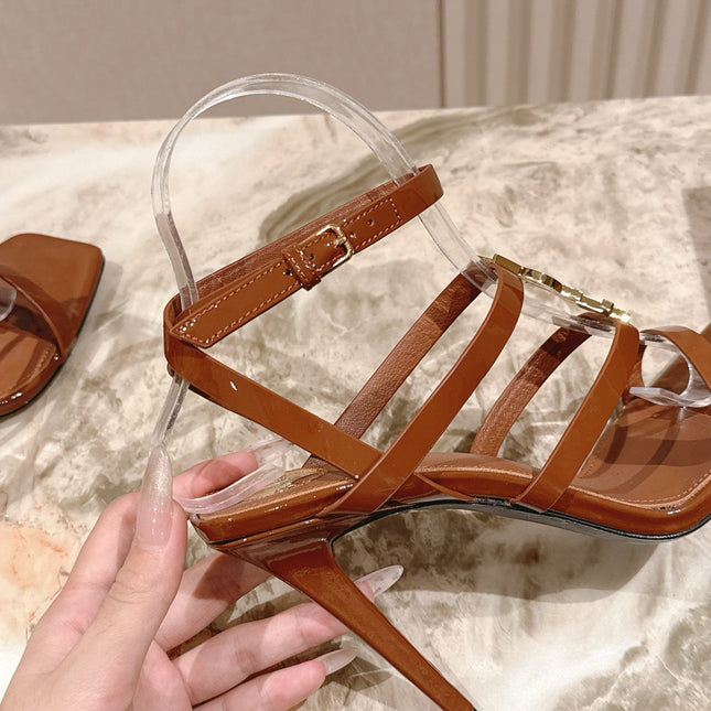 YSL 25S STILETTO HIGH-HEEL SANDALS 100 MM IN BROWN LAMBSKIN WITH GOLD HARDWARE