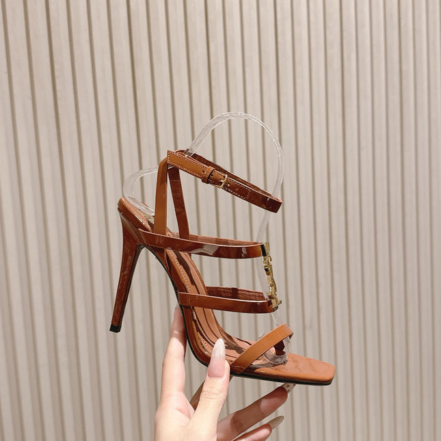 YSL 25S STILETTO HIGH-HEEL SANDALS 100 MM IN BROWN LAMBSKIN WITH GOLD HARDWARE