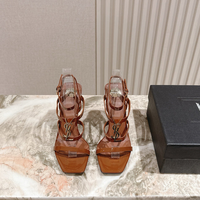 YSL 25S STILETTO HIGH-HEEL SANDALS 100 MM IN BROWN LAMBSKIN WITH GOLD HARDWARE