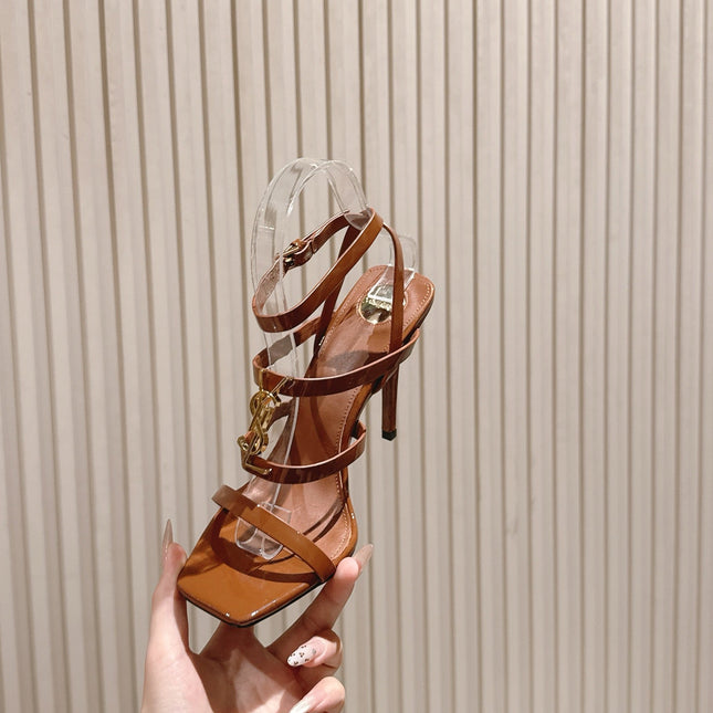 YSL 25S STILETTO HIGH-HEEL SANDALS 100 MM IN BROWN LAMBSKIN WITH GOLD HARDWARE