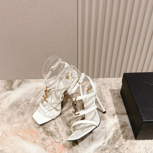 YSL 25S STILETTO HIGH-HEEL SANDALS 100 MM IN WHITE LAMBSKIN WITH GOLD HARDWARE
