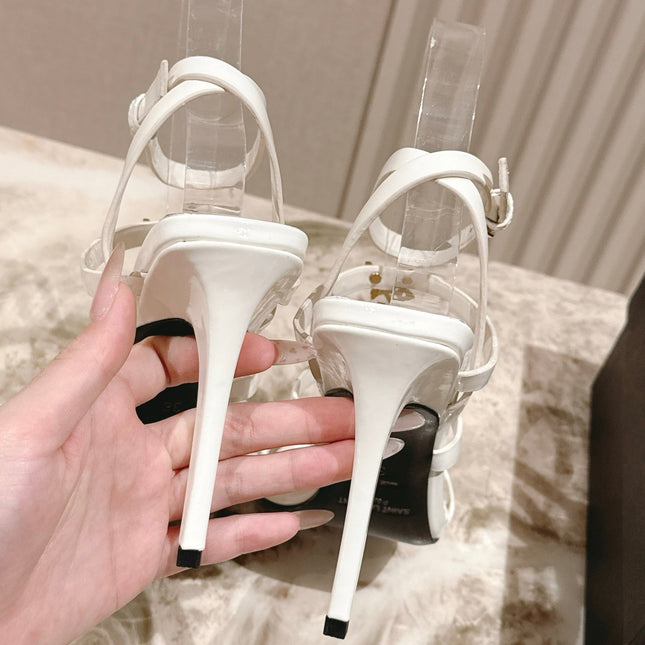 YSL 25S STILETTO HIGH-HEEL SANDALS 100 MM IN WHITE LAMBSKIN WITH GOLD HARDWARE