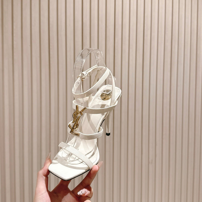 YSL 25S STILETTO HIGH-HEEL SANDALS 100 MM IN WHITE LAMBSKIN WITH GOLD HARDWARE