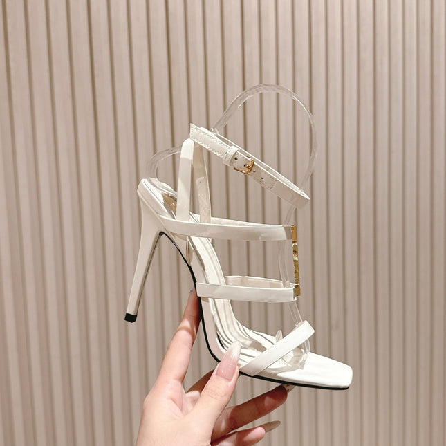 YSL 25S STILETTO HIGH-HEEL SANDALS 100 MM IN WHITE LAMBSKIN WITH GOLD HARDWARE