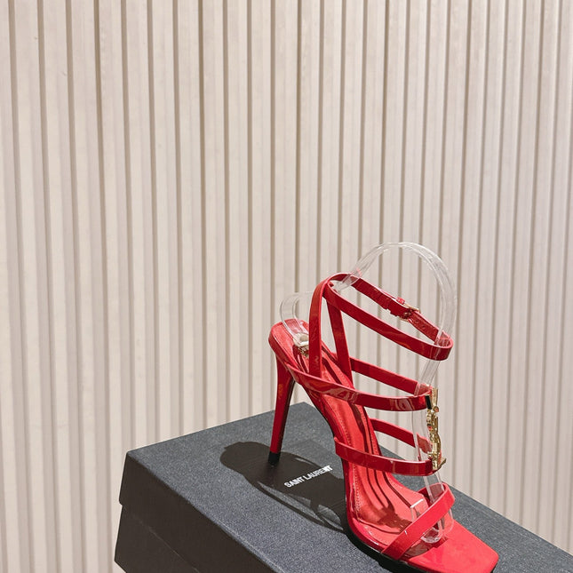YSL 25S STILETTO HIGH-HEEL SANDALS 100 MM IN RED LAMBSKIN WITH GOLD HARDWARE