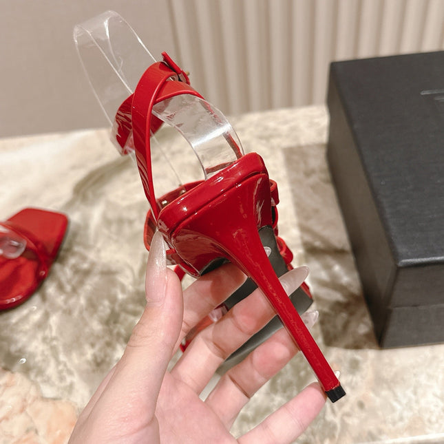 YSL 25S STILETTO HIGH-HEEL SANDALS 100 MM IN RED LAMBSKIN WITH GOLD HARDWARE