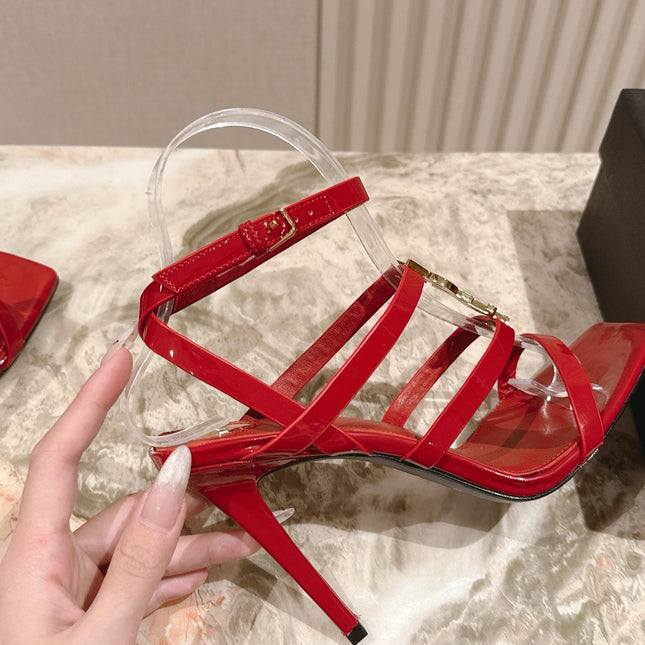 YSL 25S STILETTO HIGH-HEEL SANDALS 100 MM IN RED LAMBSKIN WITH GOLD HARDWARE