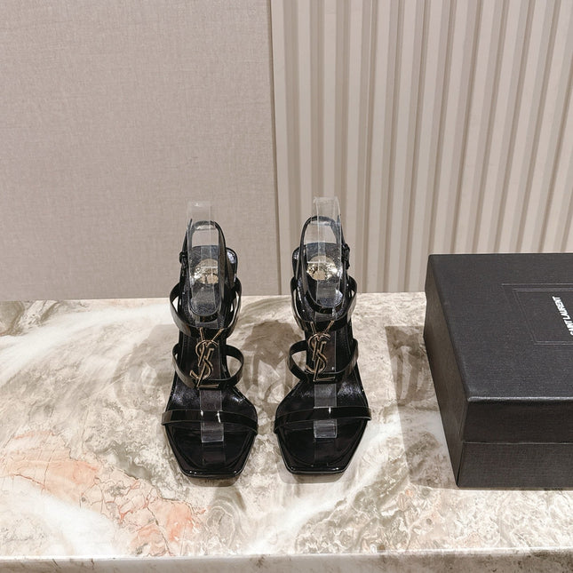 YSL 25S STILETTO HIGH-HEEL SANDALS 100 MM IN BLACK LAMBSKIN WITH GOLD HARDWARE