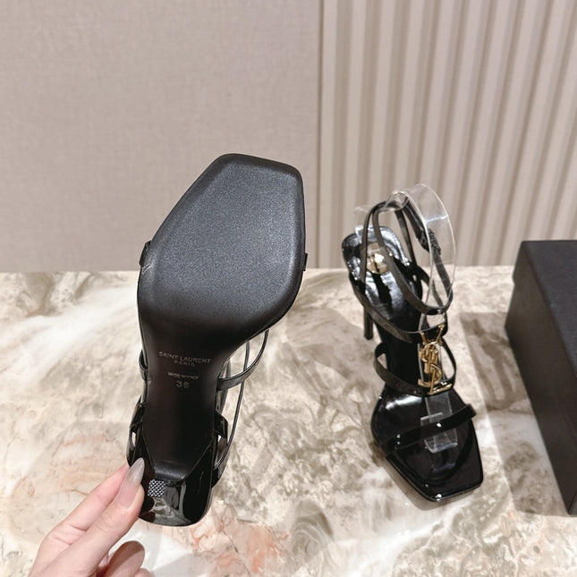 YSL 25S STILETTO HIGH-HEEL SANDALS 100 MM IN BLACK LAMBSKIN WITH GOLD HARDWARE