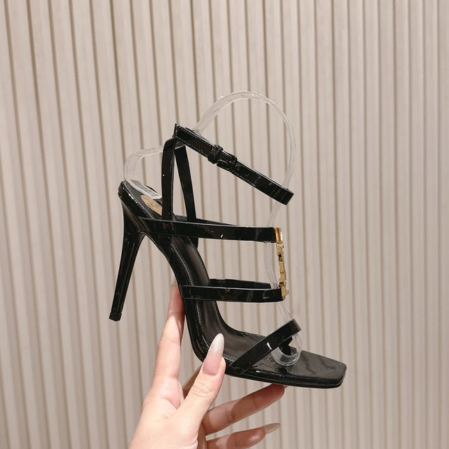 YSL 25S STILETTO HIGH-HEEL SANDALS 100 MM IN BLACK LAMBSKIN WITH GOLD HARDWARE