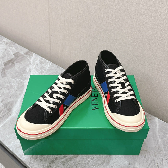 ELIOT SNEAKER IN BLACK MIX BLUE AND RED CANVAS AND CALFSKIN