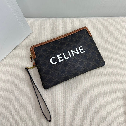 SMALL POUCH 25 IN BLACK TRIOMPHE CANVAS AND BROWN CALFSKIN WITH CELINE PRINT