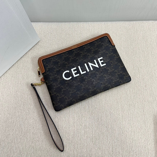 SMALL POUCH 25 IN BLACK TRIOMPHE CANVAS AND BROWN CALFSKIN WITH CELINE PRINT
