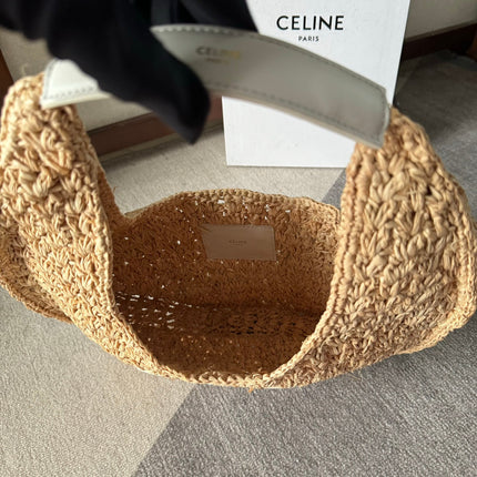CELINE PANIER HOBO BAG 33 IN RAFFIA AND CALFSKIN LOGO WHITE