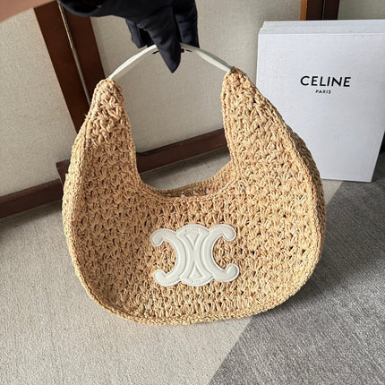 CELINE PANIER HOBO BAG 33 IN RAFFIA AND CALFSKIN LOGO WHITE