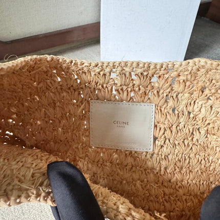 CELINE PANIER HOBO BAG 33 IN RAFFIA AND CALFSKIN LOGO WHITE