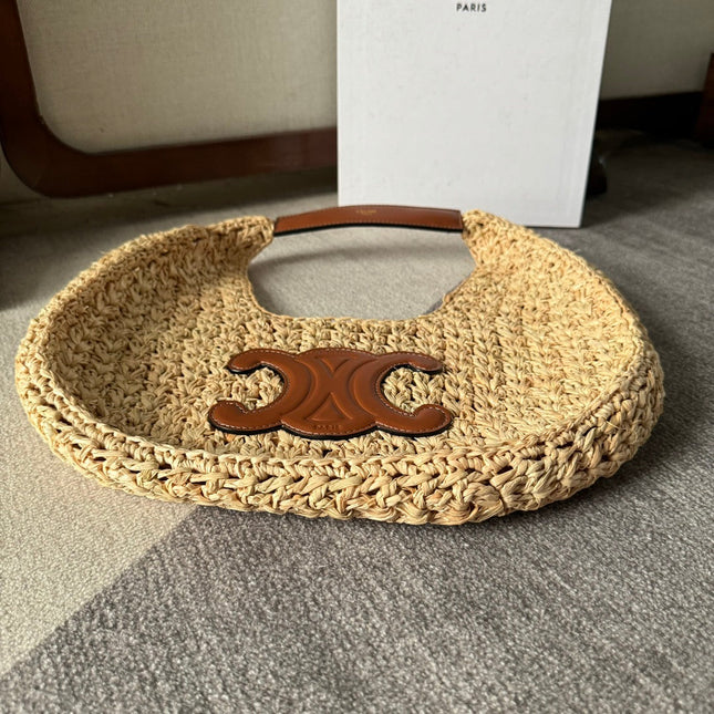 CELINE PANIER HOBO BAG 33 IN RAFFIA AND CALFSKIN LOGO BROWN