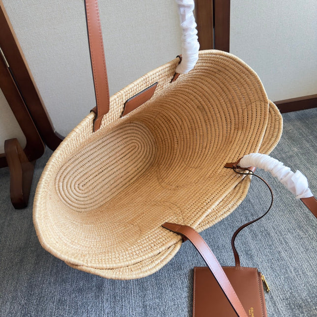 CLASSIC PANIER MEDIUM BRAIDED TRIOMPHE 47 IN BEIGE RAFFIA AND CALFSKIN