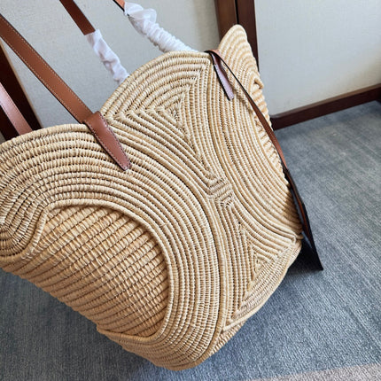 CLASSIC PANIER MEDIUM BRAIDED TRIOMPHE 47 IN BEIGE RAFFIA AND CALFSKIN