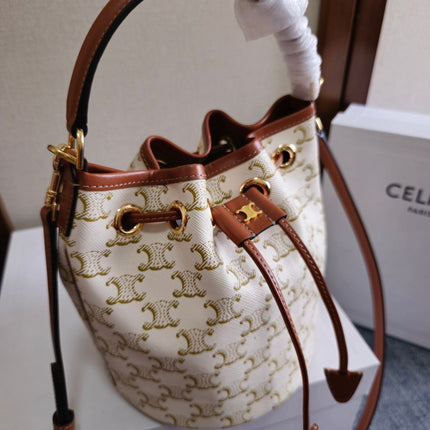 CLARA BAG 19 IN WHITE TRIOMPHE CANVAS AND BROWN CALFSKIN TRIM