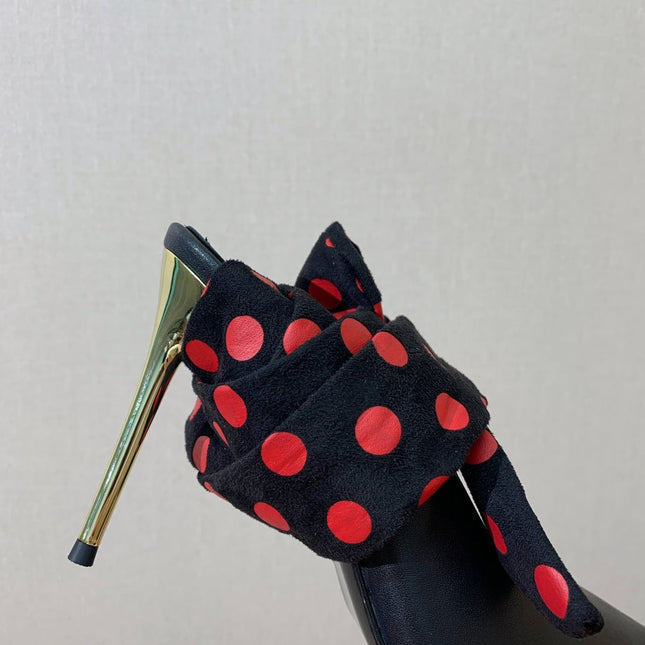 BALMAIN 25S BAKARI MULE WITH RED POLKA DOTS ON BLACK STRAP 95MM IN BLACK CALFSKIN