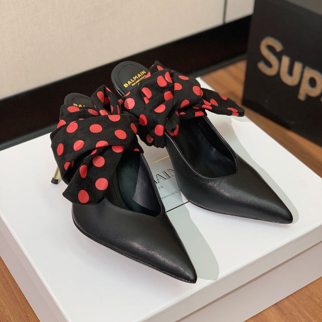 BALMAIN 25S BAKARI MULE WITH RED POLKA DOTS ON BLACK STRAP 95MM IN BLACK CALFSKIN