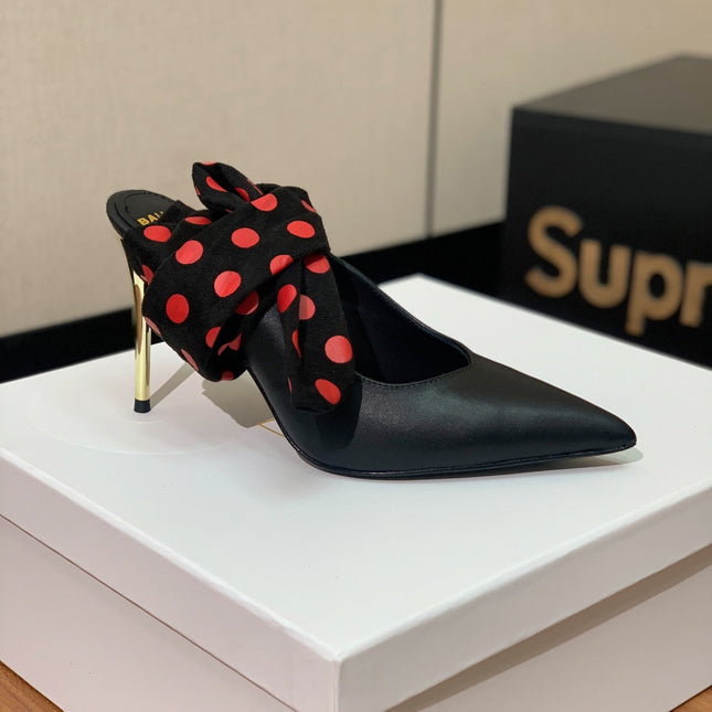BALMAIN 25S BAKARI MULE WITH RED POLKA DOTS ON BLACK STRAP 95MM IN BLACK CALFSKIN