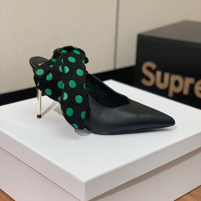 BALMAIN 25S BAKARI MULE WITH GREEN POLKA DOTS ON BLACK STRAP 95MM IN BLACK CALFSKIN