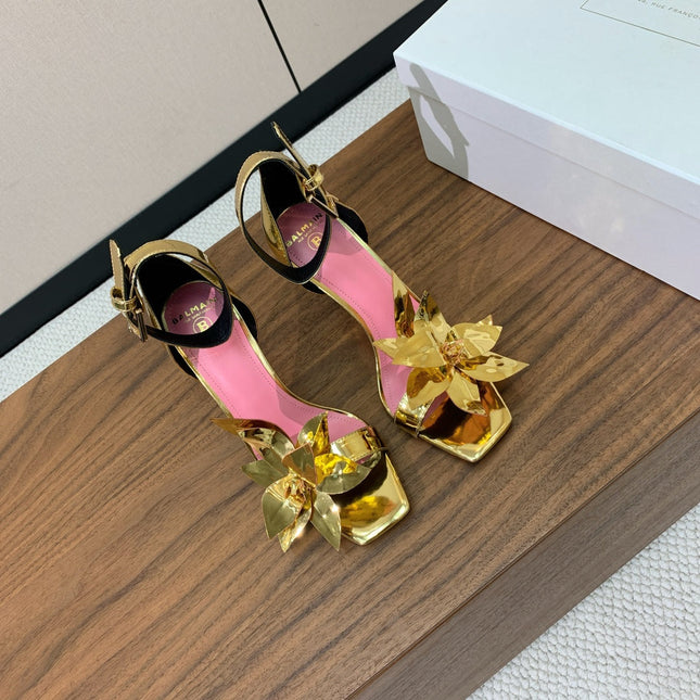 BALMAIN 25S RUBY GOLD HEELED SANDALS 95MM IN PATENT CALFSKIN