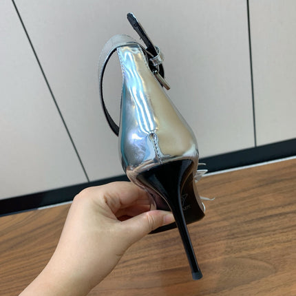 BALMAIN 25S RUBY SILVER HEELED SANDALS 95MM IN PATENT CALFSKIN