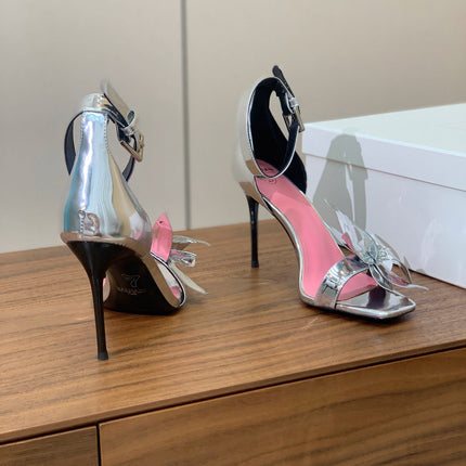 BALMAIN 25S RUBY SILVER HEELED SANDALS 95MM IN PATENT CALFSKIN