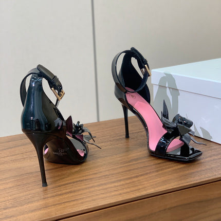 BALMAIN 25S RUBY BLACK HEELED SANDALS 95MM IN PATENT CALFSKIN