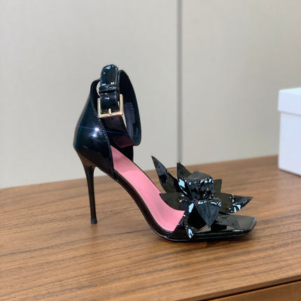 BALMAIN 25S RUBY BLACK HEELED SANDALS 95MM IN PATENT CALFSKIN
