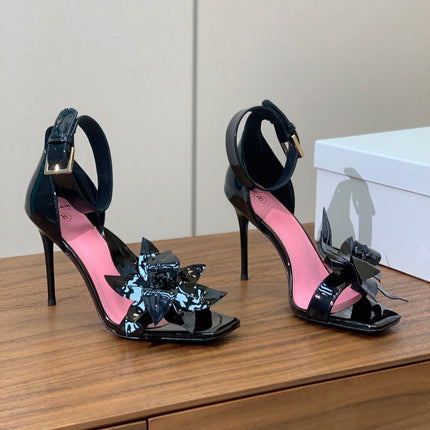 BALMAIN 25S RUBY BLACK HEELED SANDALS 95MM IN PATENT CALFSKIN