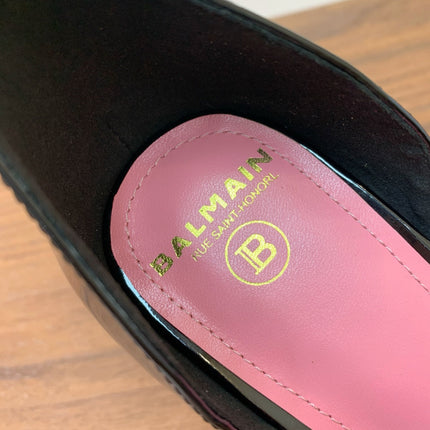 BALMAIN 25S RUBY BLACK HEELED SANDALS 95MM IN PATENT CALFSKIN