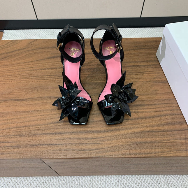 BALMAIN 25S RUBY BLACK HEELED SANDALS 95MM IN PATENT CALFSKIN