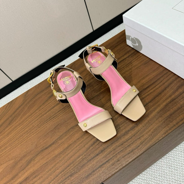 BALMAIN 25S HEELED EVA SANDALS 95MM IN BEIGE AND PINK CALFSKIN
