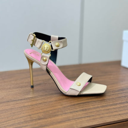 BALMAIN 25S HEELED EVA SANDALS 95MM IN BEIGE AND PINK CALFSKIN
