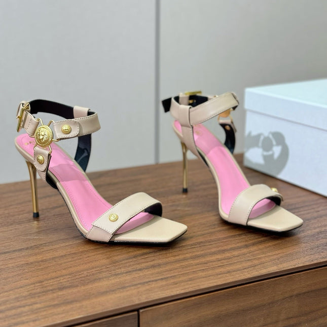 BALMAIN 25S HEELED EVA SANDALS 95MM IN BEIGE AND PINK CALFSKIN