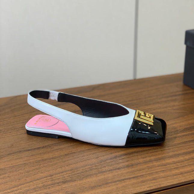 BALMAIN 25S FLAT EDEN SLINGBACKS IN BLACK AND WHITE CALFSKIN