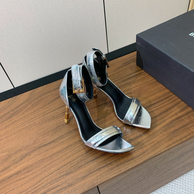 BALMAIN 25S SQUARE STRAP HIGH HEELS 100MM IN SILVER CALFSKIN