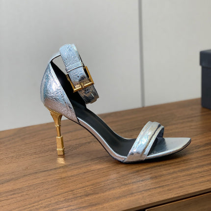BALMAIN 25S SQUARE STRAP HIGH HEELS 100MM IN SILVER CALFSKIN