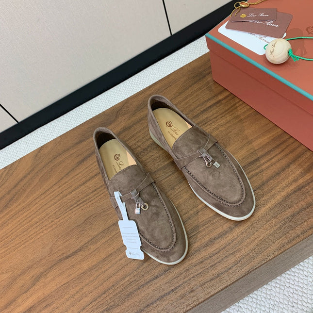 SUMMER WALK LOAFERS BROWN SUEDE SILVER PADLOCK CHARM