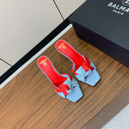 BALMAIN 25S HIGH HEEL MULES 95MM IN BRIGHT RED DENIM AND CALFSKIN